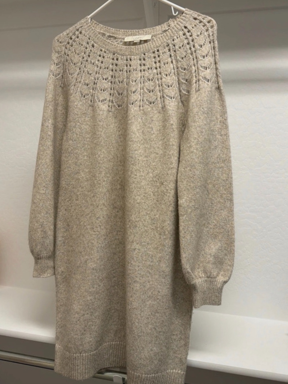 LOFT Light Beige Long Sleeve Knit Dress with Lace Yoke
